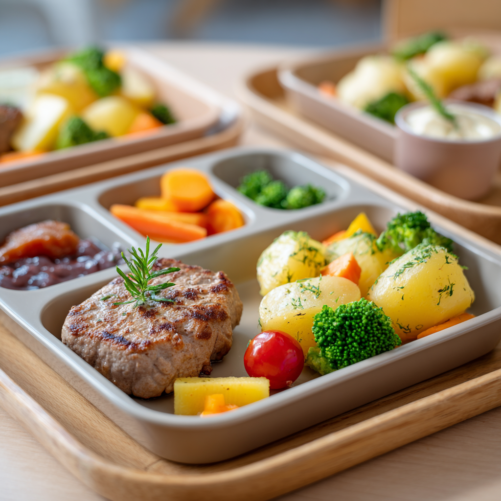 Bio-Kindemahlzeit Bio-Mittagessen für Kinder in Schule und Kita – gesunde Schulverpflegung mit frischem Gemüse, Reis und Hähnchen